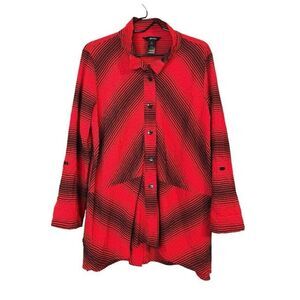Ali Miles Wired Collar Red Black Tunic Top Buttons Size Medium Lagenlook Boxy